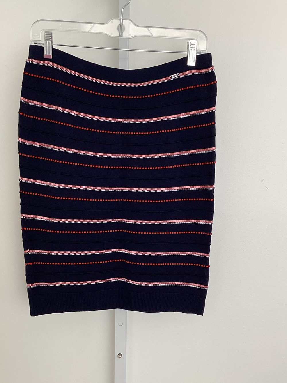 St. John Navy Pencil Skirt with Pink and Orange Stripes